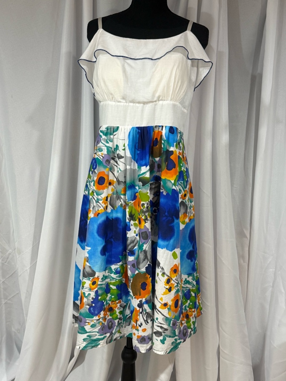 Janette Plus White Bodice Blue & Orange Floral Midi Sundress
